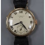 An early 20th century 9ct gold J.W. Benson manual wind wrist watch, with Roman dial and subsidiary