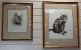 H. Bouvard, 2 watercolours, Studies of tabby cats, signed and dated 1945, largest 41 x 33cm