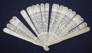 A late 18th century Chinese export ivory brise fan, with 19th century lacquer box