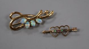 A modern 750 yellow metal and white opal set scroll brooch and a 9ct gold and gem set 'Dearest'