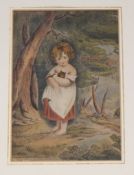 Early 19th century English School, watercolour, Child in woodland, 26 x 18cm, unframed