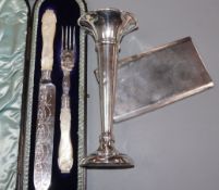 A Victorian cased silver and mother of pearl handled serving knife and fork, John Edward Bingham,
