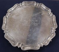 A George V silver salver with engraved inscription, Atkins Brothers, Sheffield, 1932, 37.2cm, 48