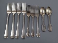 Old English pattern silver - 4 table forks, 3 dessert forks, and 2 fiddle pattern dessert spoons