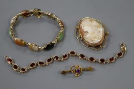 A 9ct gold and gem set bracelet, a yellow metal and hardstone bracelet, a 9ct cameo brooch and 9ct