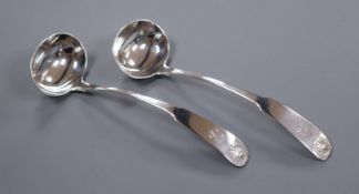 A pair of Scottish silver fiddle and shell pattern sauce ladles, William Forrest & Co, Edinburgh,