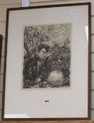 Albert Moreau, lithograph, Youth and globe, a ship beyond, inscribed in pencil, 37 x 28cm