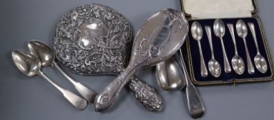 A silver backed mirror and brush, six cased coffee spoons, two Georgian Scottish silver spoons and a