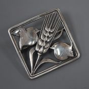 A Georg Jensen sterling 'two birds with barley ear' square brooch, no. 250, 36mm.