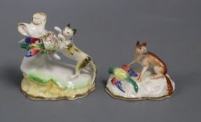 Two rare Staffordshire porcelain groups of a cat and a bird and a fox and a bird, c.1840, Cat 18cm