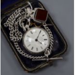 A Victorian silver open face pocket watch, Henry Mills, Oxford Street, London on curb-link chain