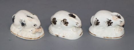 Three rare Staffordshire porcelain figures of rabbits, c.1835-50, length 4.5cm - 5cmProvenance -