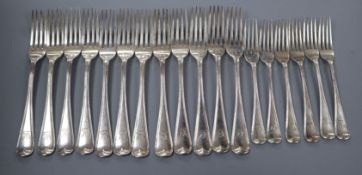 A set of twelve Victorian silver Hanovarian thread pattern table forks and six dessert forks,