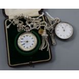 A silver pocket watch with Arabic enamelled dial on elaborate white metal chain and another silver