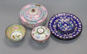 A Chinese Canton enamel brushwasher, two bowls and cover, four plates and three stands, 19th/20th