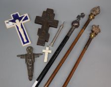 Three Church processional staff's, four crucifixes and a water sprinkler