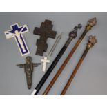Three Church processional staff's, four crucifixes and a water sprinkler