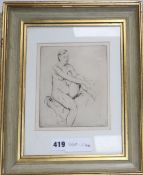 English School, etching, Study of a seated female nude, 16 x 13cm