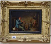 Flemish School, oil on panel, Interior with pipe smokers, 16 x 24cm