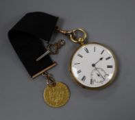 An 18ct gold open face pocket watch, on sash hung with a gold spade guinea(worn).