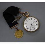 An 18ct gold open face pocket watch, on sash hung with a gold spade guinea(worn).