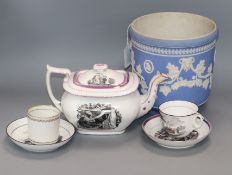 A 19th century blue jasper jardiniere, a bat printed teapot and cover, a cup and saucer and saucer