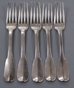 Five 19th century French white metal tableforks, 13 oz.