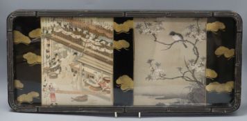 A Japanese lacquer and woodblock tray W.60cm