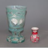 A 19th century Bohemian turquoise and white overlaid glass goblet and red and white overlaid glass