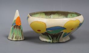 A Clarice Cliff Oranges and Lemons conical salt and bowl (a.f.) Bowl 14cm diameter