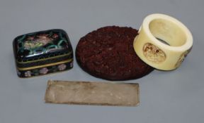 A Chinese cloisonne box and an ivory bangle and a plaque