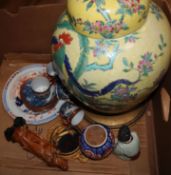 A yellow ground vase and cover, figural carving etc