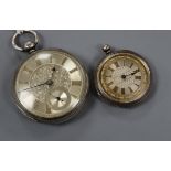 A Victorian silver pocket watch and an 800 white metal fob watch.