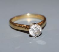 A diamond solitaire ring (approx 0.75ct), 18ct gold shank, size M.