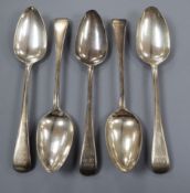 A set of four George III silver Old English pattern table spoons, London, 1792 and a later Victorian