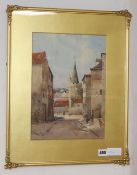 Simonoux, watercolour, The Old Town Church, St Peter's Port, Guernsey, signed, 34 x 25cm