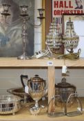 A collection of plated items, including an ice bucket, a pair of lustre table lamps and a pair of