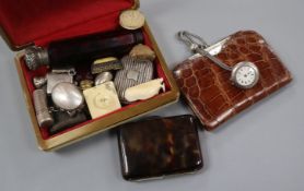 A group of scent bottles, other vertu, a tortoiseshell cased and a silver mounted crocodile purse