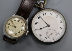 A gentleman's stainless steel Timor military manual wind wrist watch and a silver pocket watch.