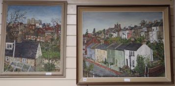 Robert Boyce Powter, oil on canvas, Lewes Castle across the roof tops, signed 61 x 50cm and A View