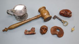 Two carvings, a netsuke and gavel, etc.