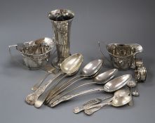 A small collection of Georgian and later silver flatware and sundry silver items, including an