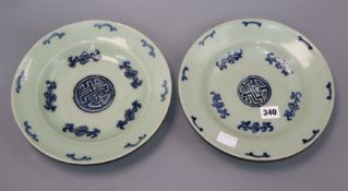 A pair of 19th century Chinese underglaze blue celadon ground dishes diameter 26cm