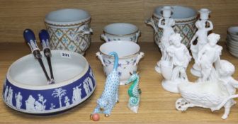 A pair of Herend jardinieres, a cat and seahorse, Wedgwood Jasperware bowl and servers and mixed