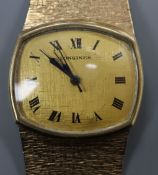 A Longines gentlemen's 9ct gold wristwatch with integral textured strap and gold-coloured Roman