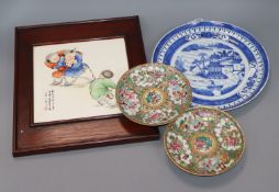 Oriental wares: Two famille rose dishes, a blue and white dish and a framed plaque