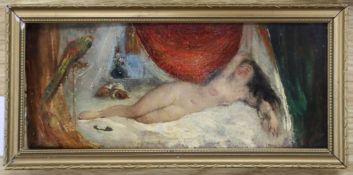 Attributed to Willem Wooters, oil on wooden panel, Odalisque, 8 x 18cm