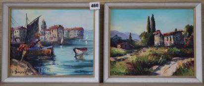 Pierre Dumont, pair of oils on canvas board, Mediterranean harbour scene and houses on a hillside,