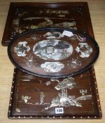 Three Chinese mother of pearl inlaid panels largest 47cm