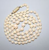 A single strand cultured pearl necklace with 585 yellow metal clasp, 58cm.